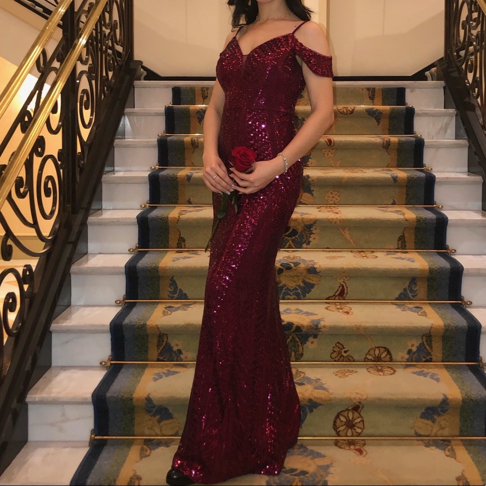 Cherry burgundy red sequined dress/gown w/ straps